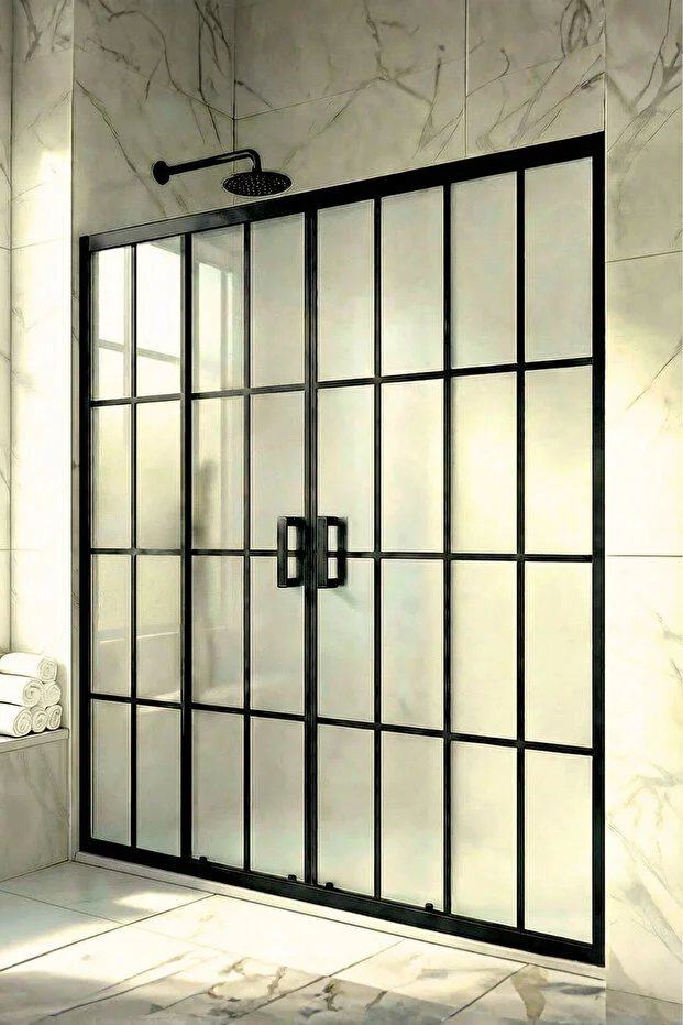 Ön Cephe Siyah Çizgi Karolaj Desenli Komple Buzlu Temperli Duşakabin